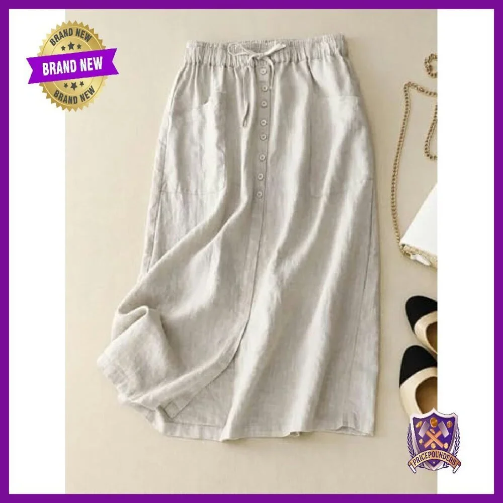 Linen Blend A-Line Midi Skirt High Waist Drawstring Slit Pockets